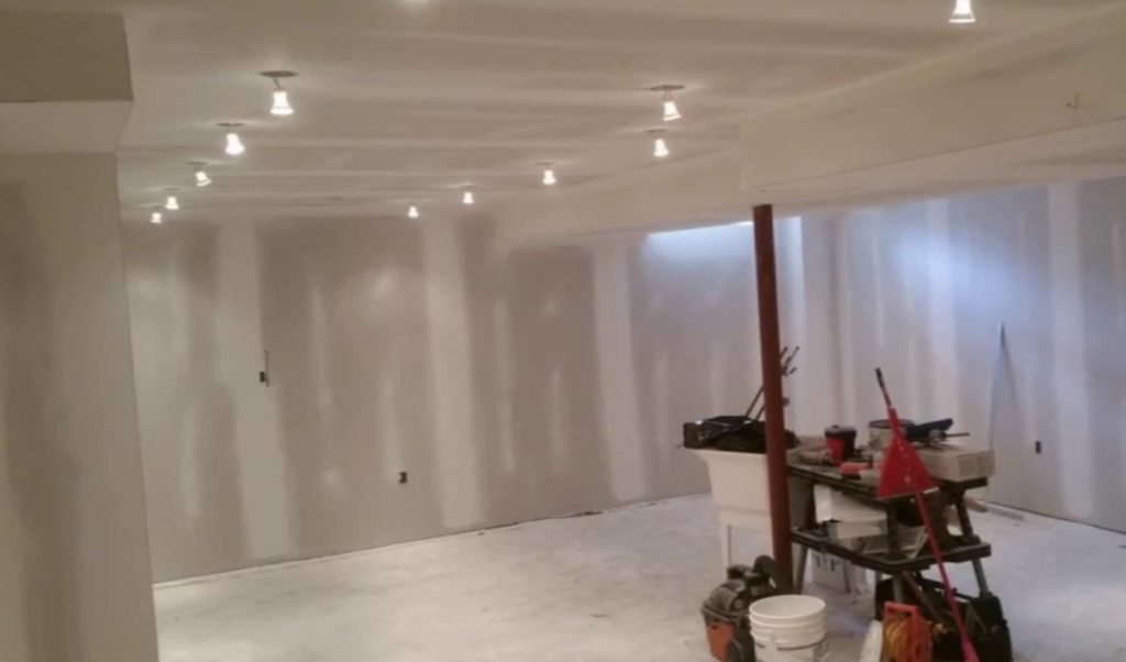 unfinished basement. drywall, potlights